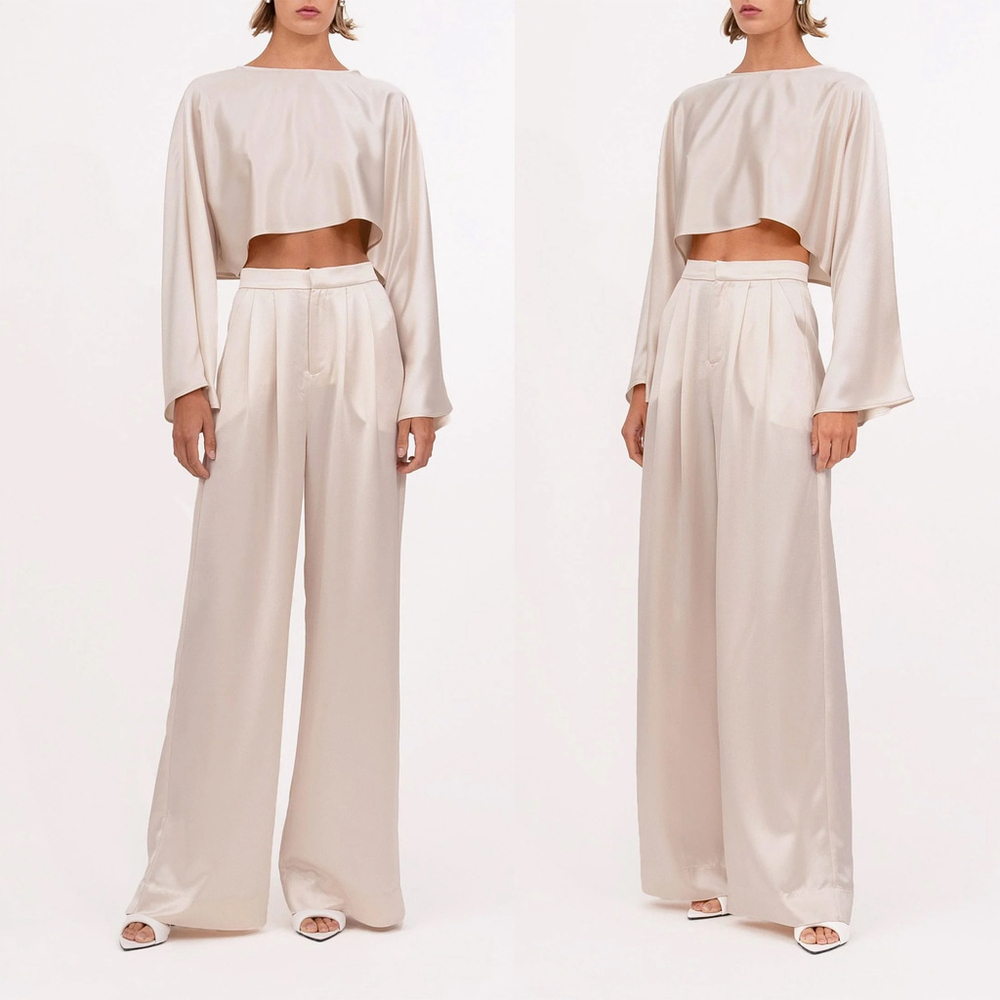 NWT Nonchalant Label Paris Pant Trousers Satin Wide Legs in Champagne - Size M